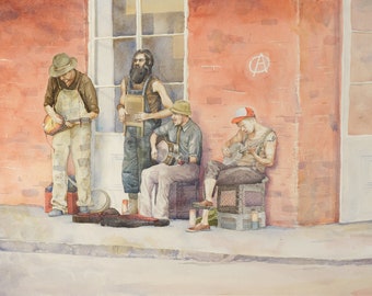 Down on the Corner aquarelverf - Giclee Prints - Stadsscène - New Orleans Muzikanten - Realistische kunst