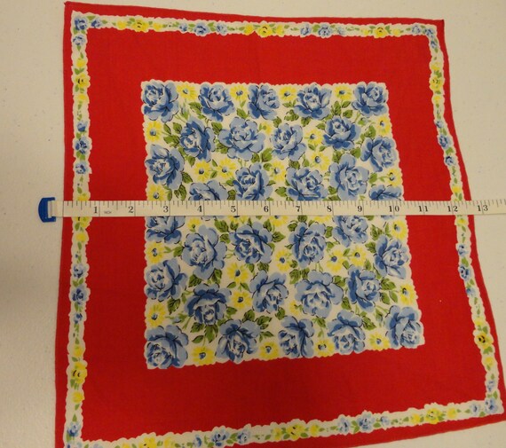 Vintage Ladies Red Handkerchief Blue & Yellow Flo… - image 4