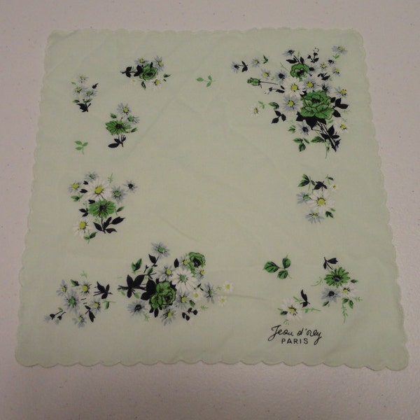 Vintage Light Green Floral Ladies Handkerchief "Paris"