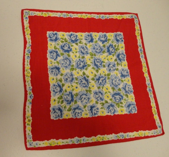 Vintage Ladies Red Handkerchief Blue & Yellow Flo… - image 2
