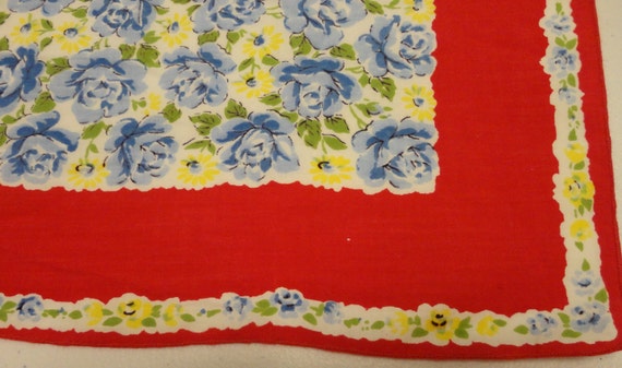 Vintage Ladies Red Handkerchief Blue & Yellow Flo… - image 5