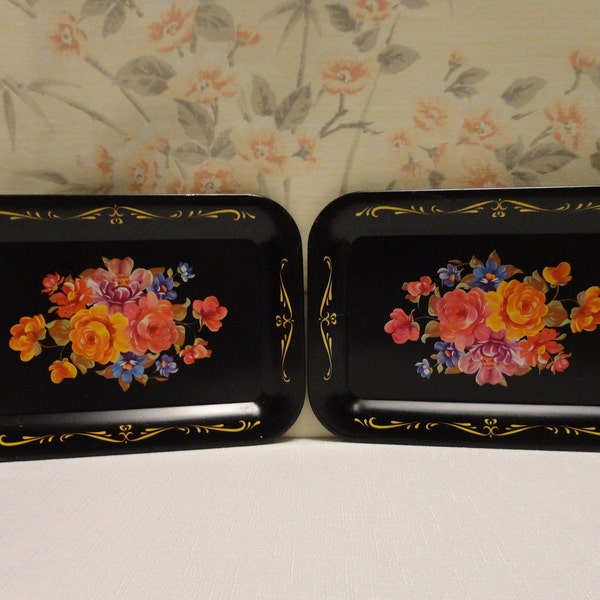 Pair Vintage Black Floral Metal Tip Trays