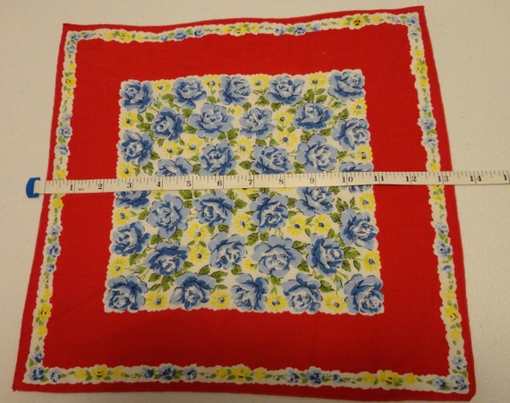 Vintage Ladies Red Handkerchief Blue & Yellow Flo… - image 3