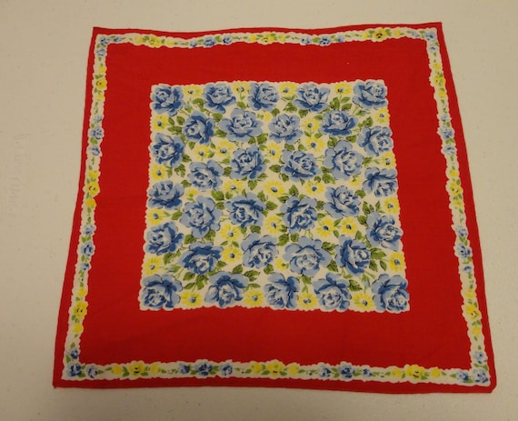Vintage Ladies Red Handkerchief Blue & Yellow Flo… - image 1