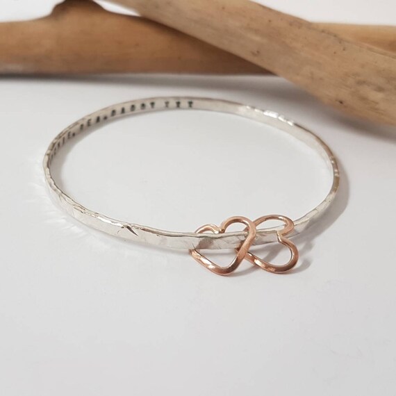 Personalized silver bangle / rose gold heart/ silver texture | Etsy