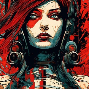 May include: A woman with red hair and blue eyes is wearing a futuristic helmet with a gun on each side. She is wearing a blue and white outfit with red accents.