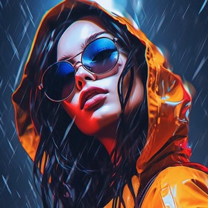 May include: A woman wearing a bright orange raincoat with a hood pulled up over her head. She is wearing sunglasses and has long dark hair. The background is a blurred image of rain.