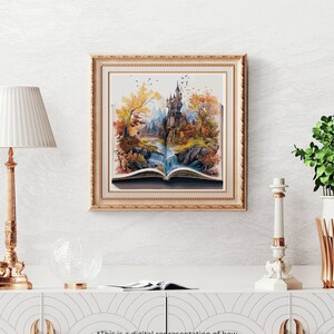 May include: A framed painting of a fairytale castle emerging from an open book. The castle is surrounded by trees and a waterfall. The painting is set against a white background.