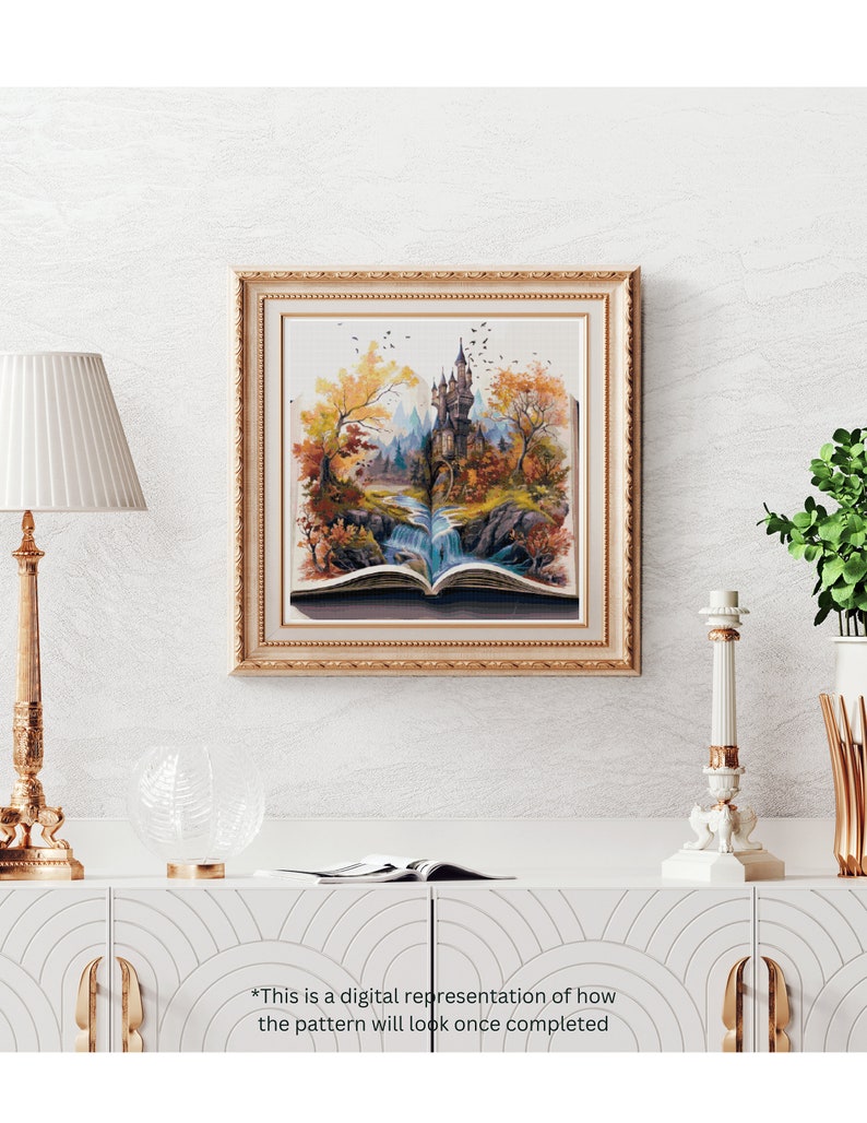 May include: A framed painting of a fairytale castle emerging from an open book. The castle is surrounded by trees and a waterfall. The painting is set against a white background.