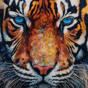 Könnte beinhalten: Nahaufnahme eines Tigergesichts mit blauen Augen. Das Fell des Tigers ist orange und schwarz mit einem Spritzer blauer Farbe. Die Nase des Tigers ist rosa und seine Schnurrhaare sind weiß.