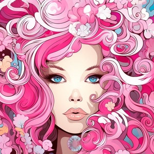 May include: A digital illustration of a woman with pink hair and blue eyes. Her hair is styled in a swirling, floral pattern.