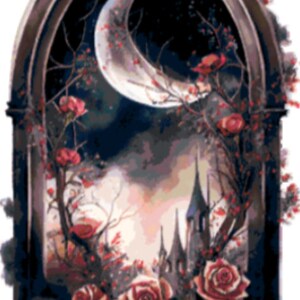 May include: A crescent moon shines through a gothic archway, surrounded by blooming red roses and a distant castle silhouette. The scene is painted in a dark, romantic style.