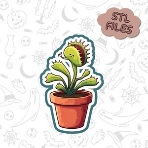 Puede incluir: Ilustración de dibujos animados de una planta carnívora Venus atrapamoscas en una maceta de terracota. La planta tiene hojas verdes y una trampa con forro rojo. La imagen es una pegatina con borde blanco y el texto "STL FILES".