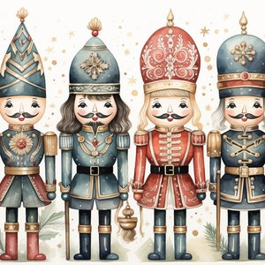 May include: Four watercolour painted nutcracker figurines. Each nutcracker is wearing a different uniform with gold accents. The nutcrackers are standing in a row on a white background with gold glitter.