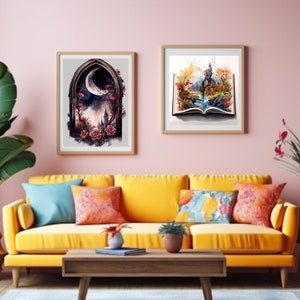 May include: Two framed watercolor paintings on a pink wall above a yellow couch. The painting on the left depicts a crescent moon and a castle through an arched doorway. The painting on the right shows a book with a forest scene and a waterfall.
