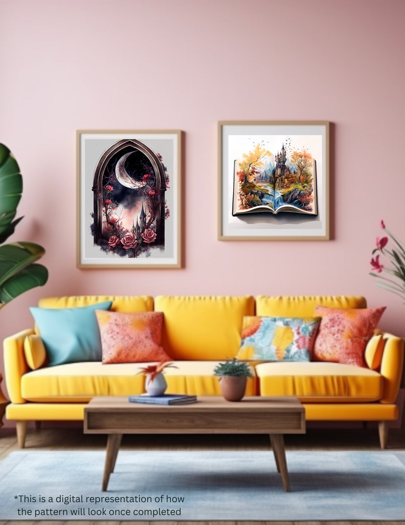 May include: Two framed watercolor paintings on a pink wall above a yellow couch. The painting on the left depicts a crescent moon and a castle through an arched doorway. The painting on the right shows a book with a forest scene and a waterfall.