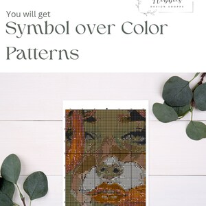 May include: A black and white pixel art pattern of a woman's face. The pattern is labeled "Symbol over Color Patterns" and is an example of a digital download available for purchase.