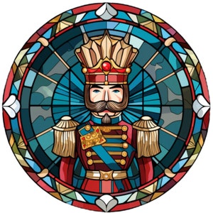 May include: A stained glass illustration of a nutcracker soldier wearing a red and gold uniform with a blue sash. The nutcracker has a crown on his head and a mustache and beard. The background is a blue and white stained glass design.