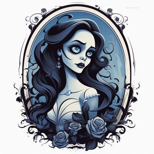 May include: A digital illustration of a woman with dark blue hair and a pale complexion. She is wearing a white dress and has a blue gemstone necklace. She is surrounded by blue roses and is framed in an ornate oval.