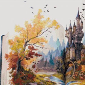May include: An open book with a magical castle emerging from the pages. The castle is surrounded by a forest with a stream running through it. The trees are in autumn colors, with yellow, orange, and red leaves. There are birds flying in the sky.