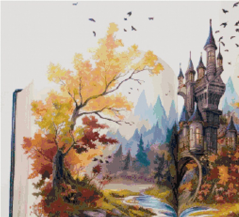 May include: An open book with a magical castle emerging from the pages. The castle is surrounded by a forest with a stream running through it. The trees are in autumn colors, with yellow, orange, and red leaves. There are birds flying in the sky.
