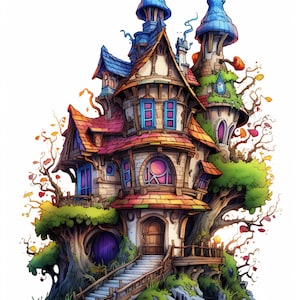 Könnte beinhalten: Ein fantasievolles, mehrfarbiges Steinhaus mit rotem Dach und blauen spitzen Türmen steht auf einer kleinen Insel, die von Wasser umgeben ist. Das Haus ist in einen großen Baum mit grünen Blättern und Ästen gebaut. Eine Holztreppe führt zur Haustür.