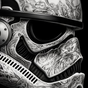 May include: A white stormtrooper helmet with intricate black and white floral designs. The helmet is made of plastic and has a black visor.