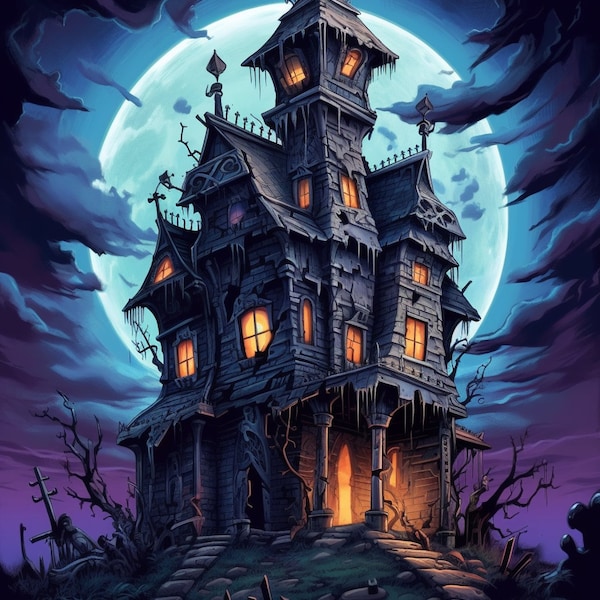 Halloween Horror Cross Stitch "Haunted House" PDF | Easy Full Coverage Counted Cross Stitch | Pattern Keeper