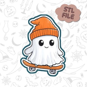 May include: A white ghost wearing an orange beanie and riding a skateboard. The ghost has a friendly face with big eyes and a smile. The background is a white pattern with Halloween-themed elements.