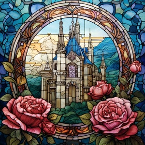 Fantasie &quot;Gebrandschilderd glas kasteel III&quot; kruissteekpatroon PDF | Gemakkelijke, volledige dekking, getelde kruissteek | Patroonhouder