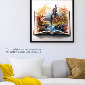 May include: A painting of a fairytale castle emerging from an open book. The castle is surrounded by trees and a waterfall. The book is open to reveal a magical scene.