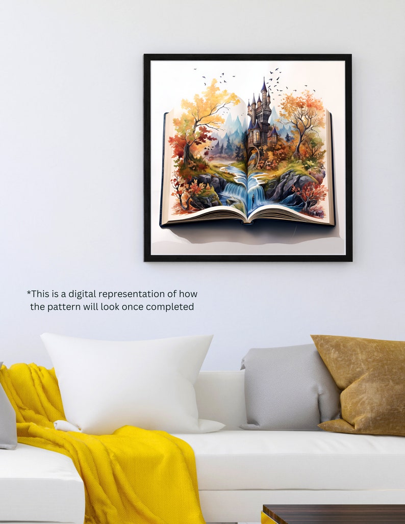 May include: A painting of a fairytale castle emerging from an open book. The castle is surrounded by trees and a waterfall. The book is open to reveal a magical scene.