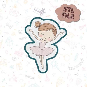 Op de afbeelding: Een digitaal bestand voor 3D-printen van een ballerina meisje in een roze tutu. Het bestand is in STL-formaat. De afbeelding toont een cartoon ballerina meisje met bruin haar en een roze tutu. De achtergrond is wit met een patroon van sterren, harten en andere feestelijke elementen.