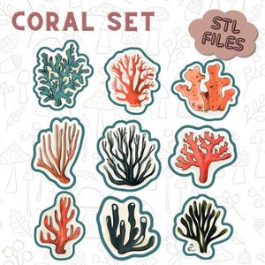 Puede incluir: Un conjunto de ilustraciones de coral en varios colores, incluyendo rojo, naranja, turquesa y negro. El texto "CORAL SET" está en la parte superior, y "STL FILES" en una nube. Los diseños de coral están delineados con un borde turquesa.