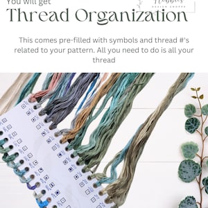 May include: A white plastic thread organizer with a blue label and a variety of colored embroidery floss. The organizer is pre-filled with symbols and thread numbers. The text on the label reads "Mommy's Hobbies Design Shoppe".