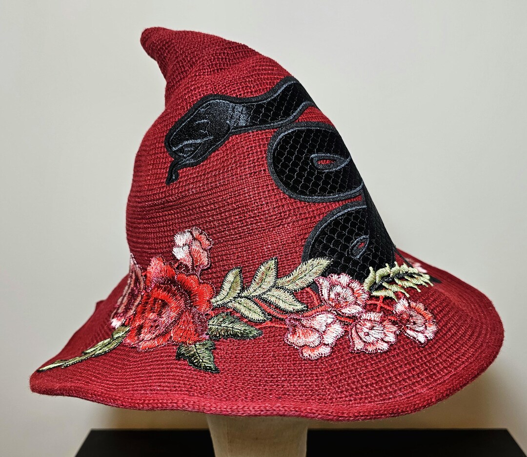 Pyromancer Hat Crimson Serpent Embroidered Witch Hat | Gothic Snake & Rose Pointed Hat ...