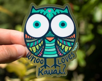 Whoo Loves Kauai Clear Sticker Small, Owls, Cute Owl Stickers, Animal Stickers, bird stickers, Dishwasher Safe Stickers, Kauai Gift ideas