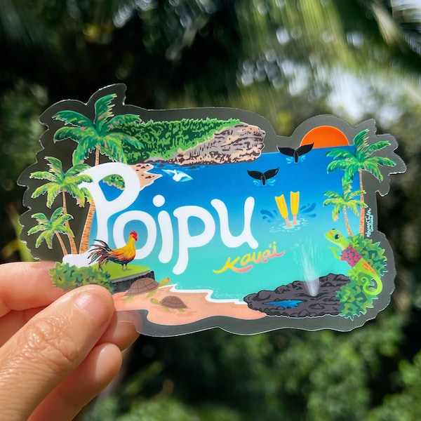 Poipu Paradise Clear Sticker Medium, Poipu Beach, Shipwrecks Kauai, Kauai Roosters, Poipu stickers, Kauai Sticker, Dishwasher safe stickers