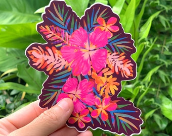 Rainbow Hibiscus Maroon pegatina mediana, pegatinas de hibisco, arte de hibisco, pegatinas tropicales, pegatinas de flores, pegatinas seguras para lavavajillas, Aloha