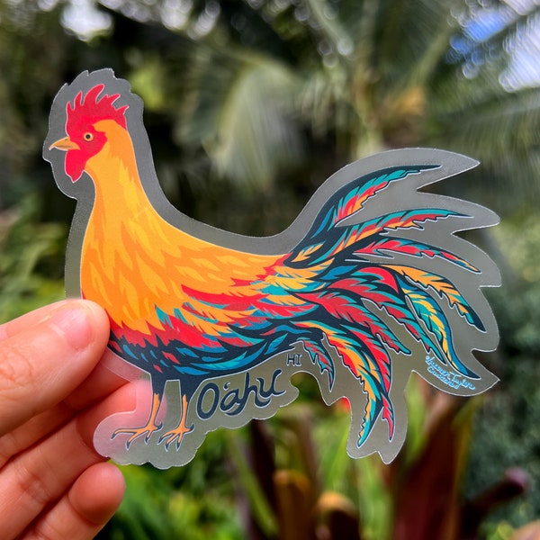 Oahu Rooster Clear Sticker - Medium, Roosters, Chicken Stickers, Oahu Roosters, Oahu Chickens, Rooster art, Dishwasher safe Sticker, Oahu