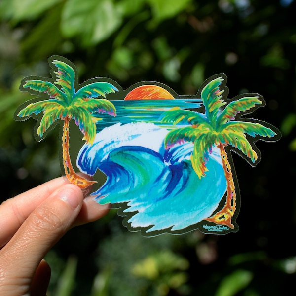 Sunset Surf Sticker Medium, Surf Sticker, Wave sticker, Palm Tree Sticker, Surfing Sticker, Kauai gift ideas, Dishwasher Safe Stickers