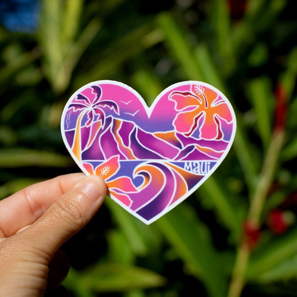 Maui Heart Scenic Purple Sticker Small, Maui Stickers, Surfing sticker, Heart Stickers, Maui gift ideas, Dishwasher Safe Stickers, Maui