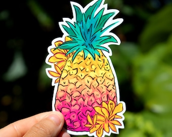 Pegatina grande de piña floral blanca, pegatinas de piña, arte de piña, pegatinas de Kauai, pegatinas de Hawái, piñas, lei, Hawái, Aloha