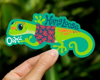 Oahu Gecko Sticker Medium, Gecko Stickers, Hawaii Geckos, Reptile stickers, Shaka, Hang Loose, Oahu Stickers, Dishwasher Safe sticker, Oahu