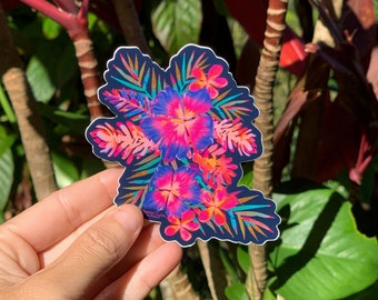Rainbow Hibiscus Navy Sticker Small, Flower Stickers, Kauai Stickers, Hibiscus Stickers, Dishwasher Safe Stickers, Floral stickers, Hibiscus