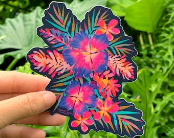 Rainbow Hibiscus Navy Sticker Medium, Dishwasher Safe Stickers, Flower Stickers, Kauai Stickers, Hibiscus Stickers, Hibiscus, Floral sticker