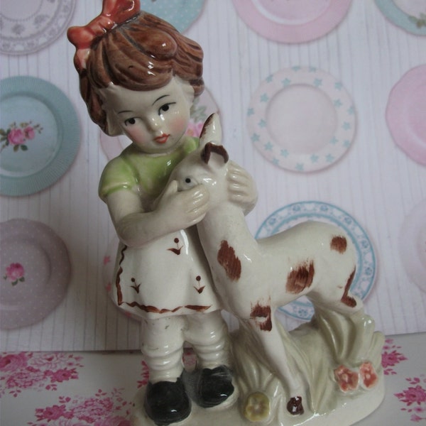 vintage 1950s hand painted girl with deer retro china figurine kitsch