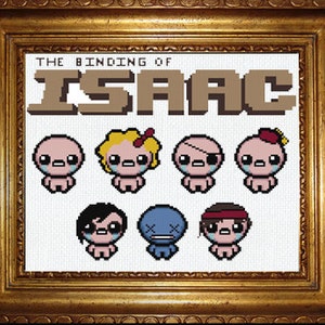 Puede incluir: Tarjeta de título del videojuego The Binding of Isaac con personajes pixelados. La tarjeta de título es marrón con texto blanco. Los personajes son pixelados e incluyen a Isaac, un personaje azul, un personaje rojo, un personaje con un vendaje y un personaje con un sombrero rojo.