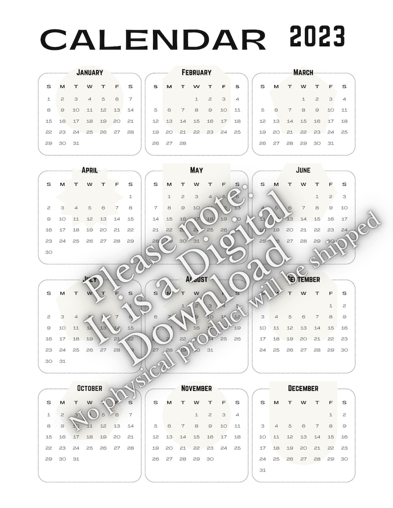 May include: A black and white printable calendar for the year 2023. Each month is displayed in a separate box with the days of the week labeled S, M, T, W, T, F, S. The calendar is designed in a simple, minimalist style.