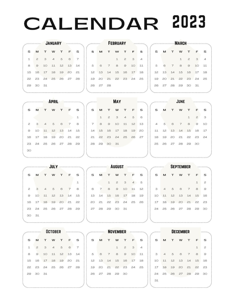 May include: A black and white calendar for the year 2023. Each month is displayed in a separate box with the days of the week labeled S, M, T, W, T, F, S. The calendar is designed with a simple, minimalist aesthetic.
